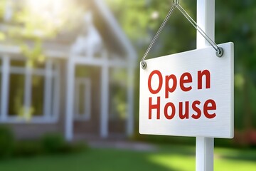 Inviting Open House Sign in Bright Sunlight with a Beautifully Blurred Family Home.