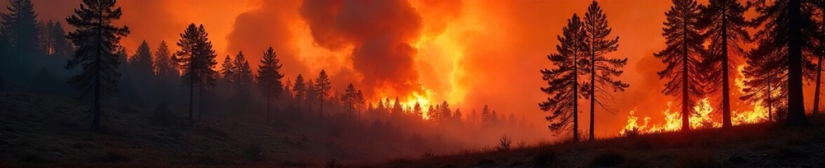 Naklejka premium Fiery orange wildfire raging through a dry pine forest, consuming trees and underbrush, smoke billowing into the sky A dramatic scene of nature's destructive power , orange, wildfire
