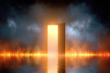 Doorway of light emerging from a fiery path.