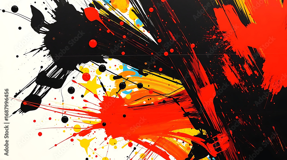 Poster an abstract background featuring a dynamic splash of black and red paint, isolated on white backgrou