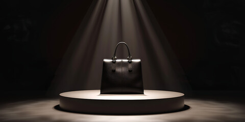 Elegant black briefcase displayed on a spotlighted pedestal, evoking luxury and professional style.