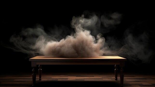 A wooden table shrouded in a cloud of smoke