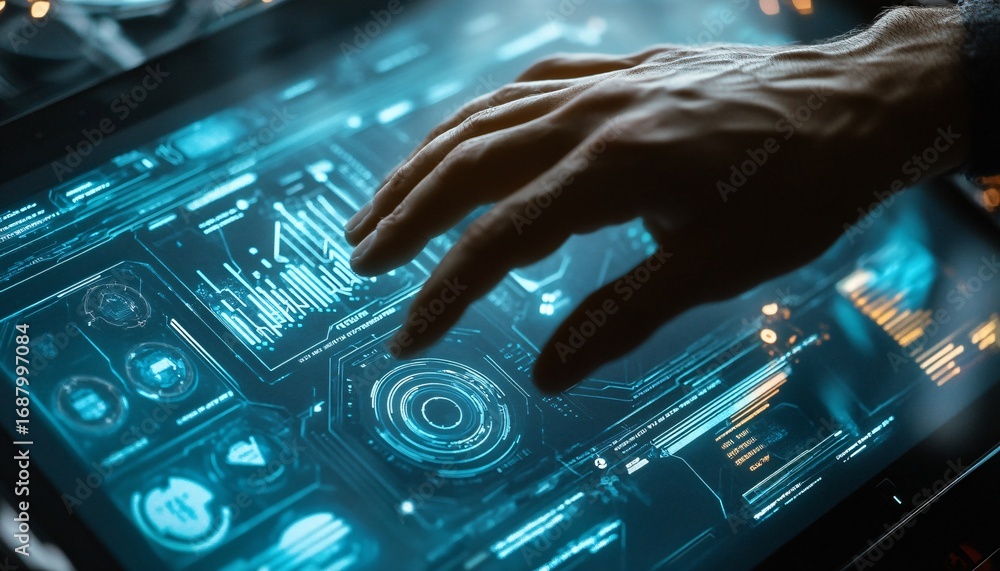 Poster a hand hovers over a tablet screen showing a futuristic user interface with glowing blue lines, grap