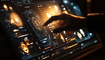 A person's hand is shown interacting with a dark screen displaying glowing orange and blue digital information and graphics.