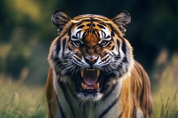 Fierce Bengal Tiger Roaring, Close-Up Portrait, Intense Expression, Wildlife Photography.