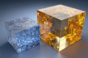 Two cubes, one blue and one gold, with intricate internal structures.