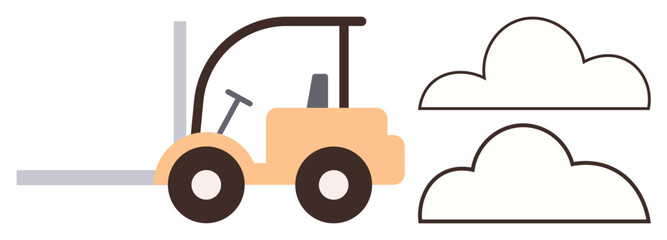 Forklift depicted in a flat, minimalistic style with abstract cloud-thumbs up shapes on one side. Ideal for logistics, warehouse, transportation, industrial work, supply chain, manufacturing