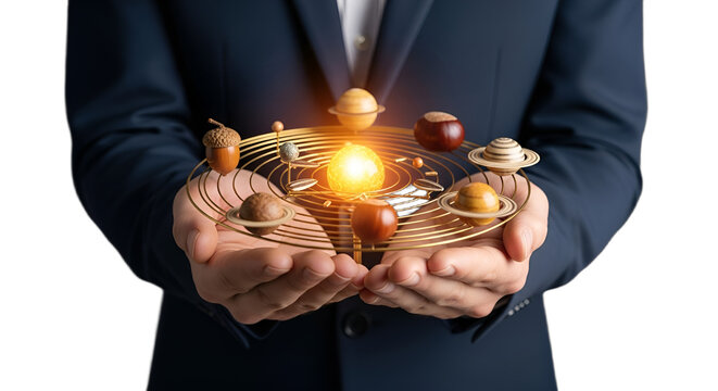 Businessman holding a conceptual solar system with diverse objects as planets, symbolizing business strategy, innovation, and interconnected growth, perfect for corporate planning and holistic...