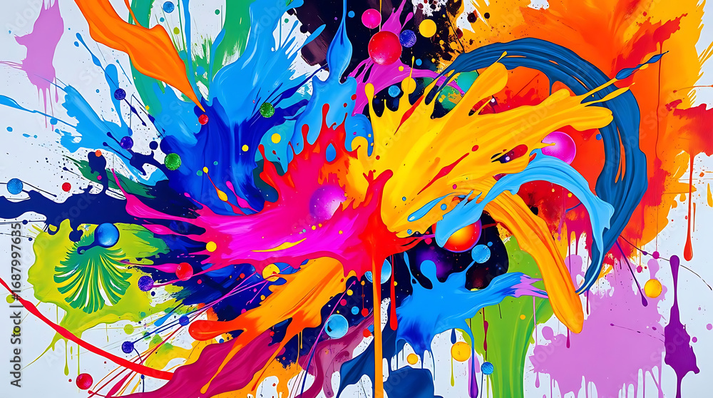 Poster colorful paint explosion with dynamic splatters creating a vibrant and abstract artwork isolated on 