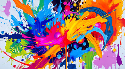 Colorful paint explosion with dynamic splatters creating a vibrant and abstract artwork isolated on white background