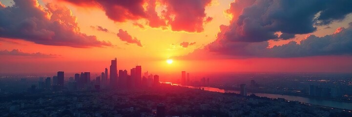 Fototapeta premium A vibrant sunrise over a cityscape, symbolizing the invigorating and ambitious start to a successful career journey , optimism, hope, dawn