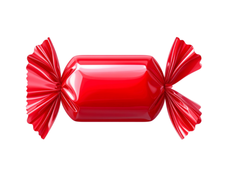 Shiny Red Candy Wrapper with Twisted Ends, Front View, Transparent PNG background 