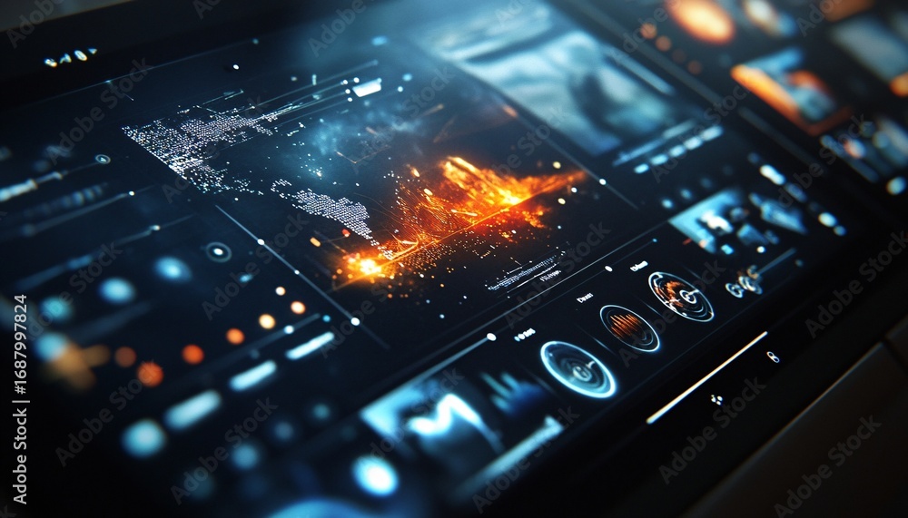 Poster a close-up shot reveals a dark digital interface displaying a world map with an intense, fiery explo