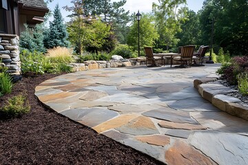 Elegant Curved Flagstone Patio Leading to Outdoor Dining in a Serene Garden.
