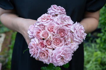 Cropped shot view of woman holding a bunch of Montmartre rose in hands. This rose is a vintage-inspired shrub rose known for its unique purple-brown-gray and pink hues, and thick, long-lasting petals.