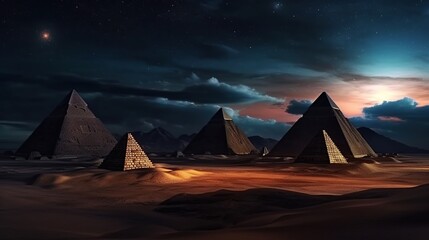Ancient pyramids under a starry night sky