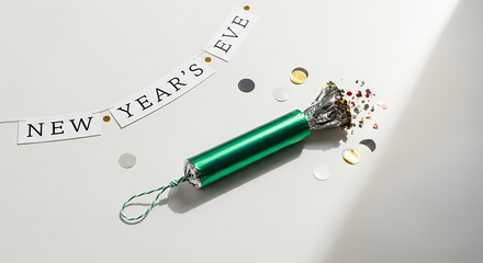 A new year's eve celebration with a green party popper and confetti on a white surface with banner