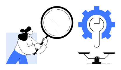 Woman examining with magnifying glass, blue cogwheel with wrench, and scales signifying balance. Ideal for analysis, problem-solving, productivity, balance, optimization, research decision-making
