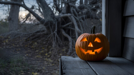 A glowing jackolantern sits on a wooden surface in the evening