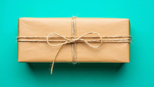 A brown paper package tied up with string on blue background flat lay overhead shot