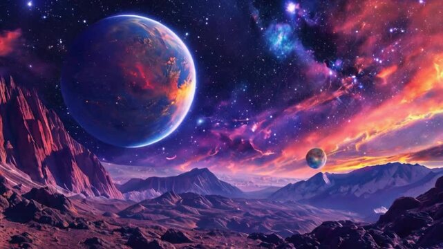 An Enchanting Alien Planet Beneath a Vibrant Nebula and Starry Sky at Dusk.