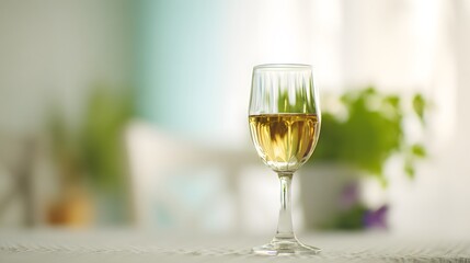 Elegant white wine glass placed on a minimalist table with soft lighting reflections.