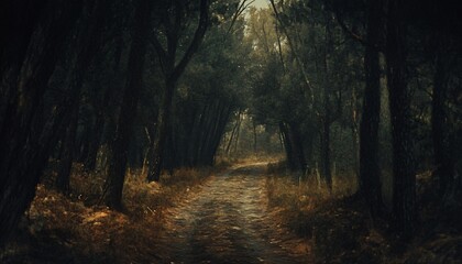 Fototapeta premium A dirt road winds through a dense forest of dark trees, the path is dimly lit, and shadows are present throughout the image.