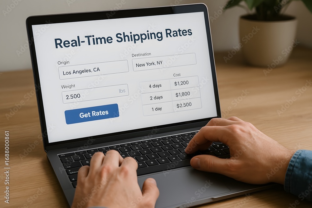 Aufkleber laptop screen displaying real-time shipping rates, with hands using the keyboard.