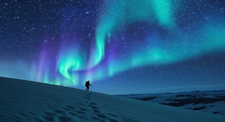 Fototapeta premium Vibrant Aurora Borealis Dazzles Over a Lone Adventurer Trekking Through a Pristine Snowy Landscape Under a Star-Filled Night Sky