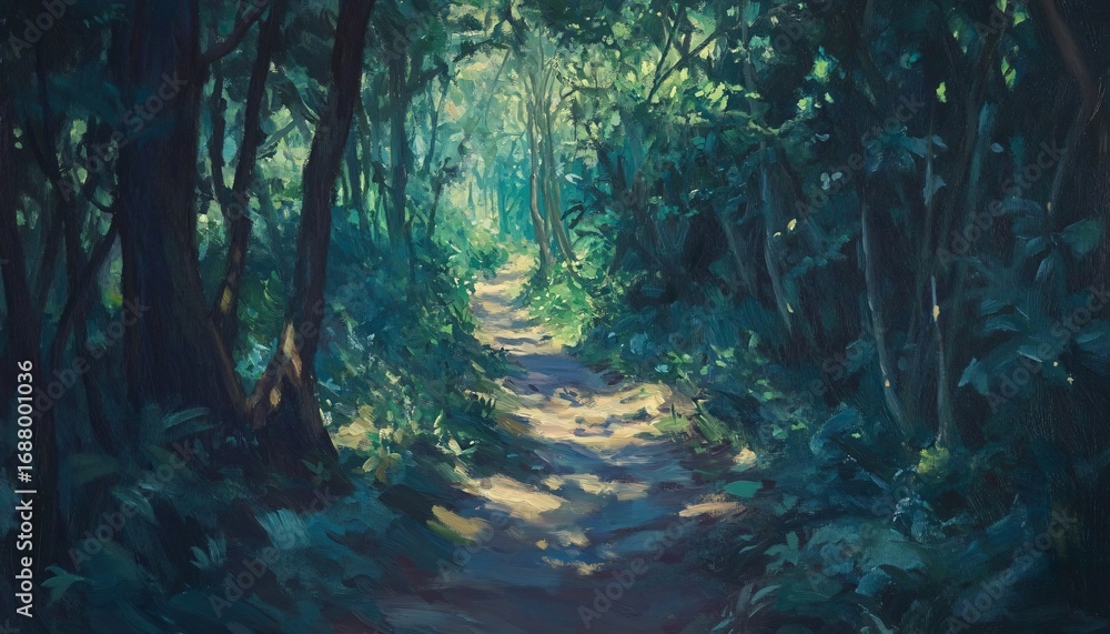 Poster sunlight filters through the dense green canopy of trees lining a path, creating a dappled light eff