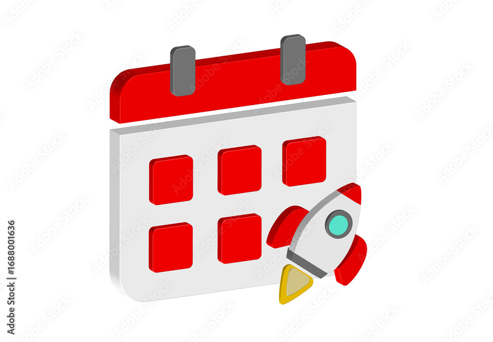 Poster Simple 3D illustration of a calendar icon with a rocket. Transparent background in PNG format.