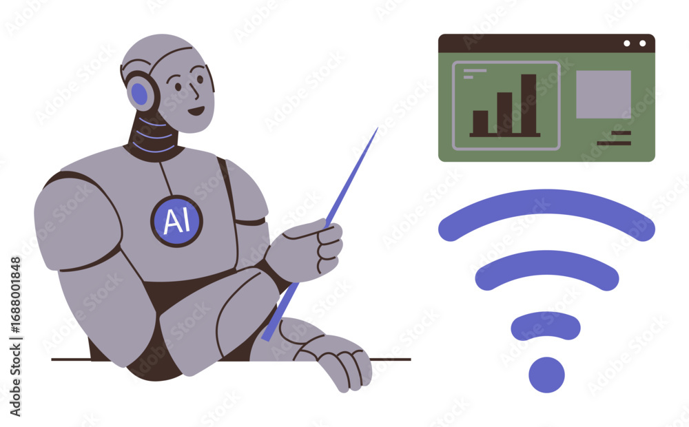 Poster ai robot holding pointer near analytics dashboard with charts and wireless icon. ideal for tech, ai,