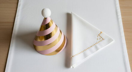 A party hat with pink and gold stripes next to a folded white napkin on a white surface