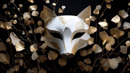 White fox mask, gold leaves
