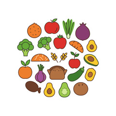 fruits and vegetables arranged in circle healthy foods for balanced nutrition fresh produce promoting well being