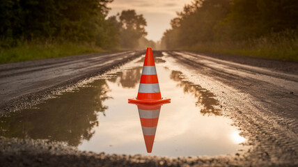 A bright orange traffic cone in a muddy puddle, reflecting in the water on a wet, unpaved road
