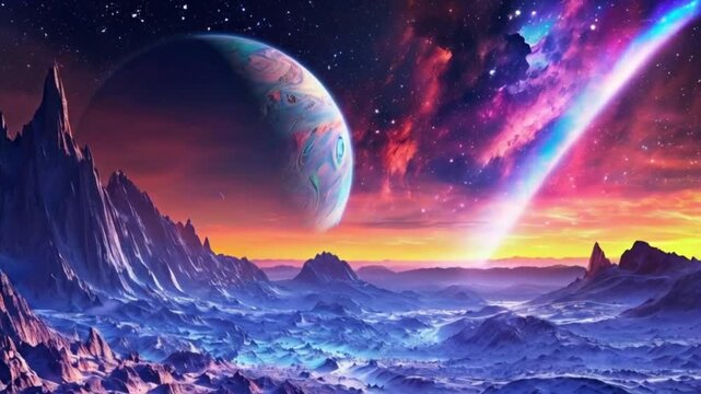 Breathtaking Alien Planet Landscape Under a Colorful Moon During Cosmic Night.