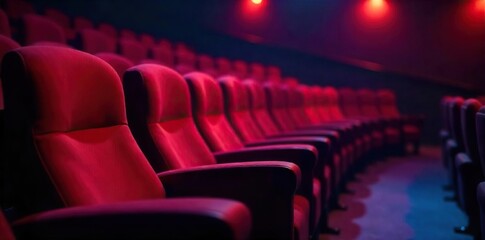 Close-up of plush theater seating, soft lighting, empty, inviting atmosphere, ready for relaxation and enjoyment Perfect for a peaceful evening at the show , theater, calm, ballet