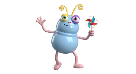 Naklejka premium A cartoonish, light blue bug-like character stands and holds a pinwheel, with mismatched eyes and curly antennae, against a white background.
