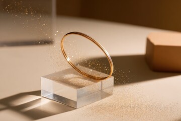 Gold bangle on a clear display.