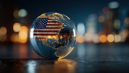 Crystal sphere, US flag, city lights