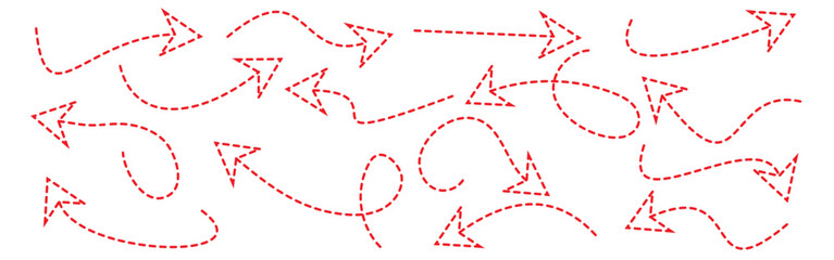Red Dotted Arrow Icons – Curved, Hand Drawn, Direction Line Vector Set- 