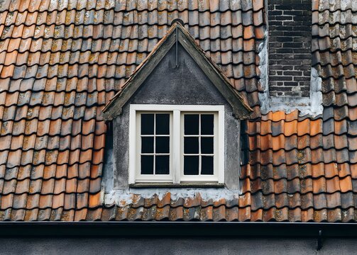 Old European Dormer Window with Weathered Red Tile Roof and Brick Chimney.