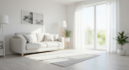 Blur living room at home with morning sunlight at big window for background usage. blur interior background concept. white, britht tone.