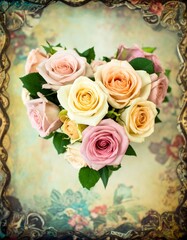 Obraz premium Heart of pastel roses on ornate tray