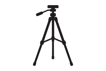 A silhouette of a camera tripod with a handle and adjustable legs on a white background