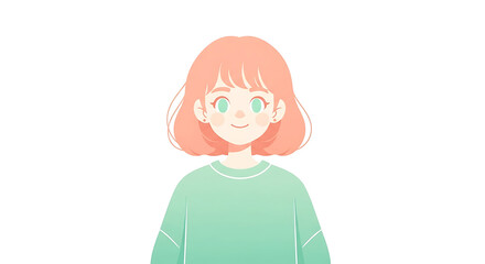 Illustration of a young woman with short, light pink hair and a green sweater, smiling gently against a white background.