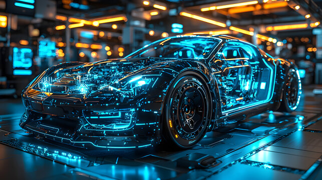 Future car blueprint glows blue