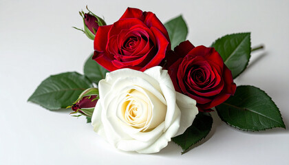 Radiant Rose Duet: Capturing the delicate beauty of two red and a white rose, intertwined, with vibrant green leaves, a timeless symbol of love and beauty.