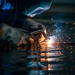 Close-Up of a Stick Welding Process with Smoke and Sparks on a Wet Reflective Floor.